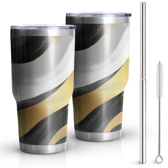 30oz Gray and Gold Marble Ink Waves Pattern Tumblers Stainless Steel Tumbler with Lid and Straw,Vacuum Insulated Double Wall Travel Tumbler Cups Mug with Cleaning Brush for Coffee,Tea