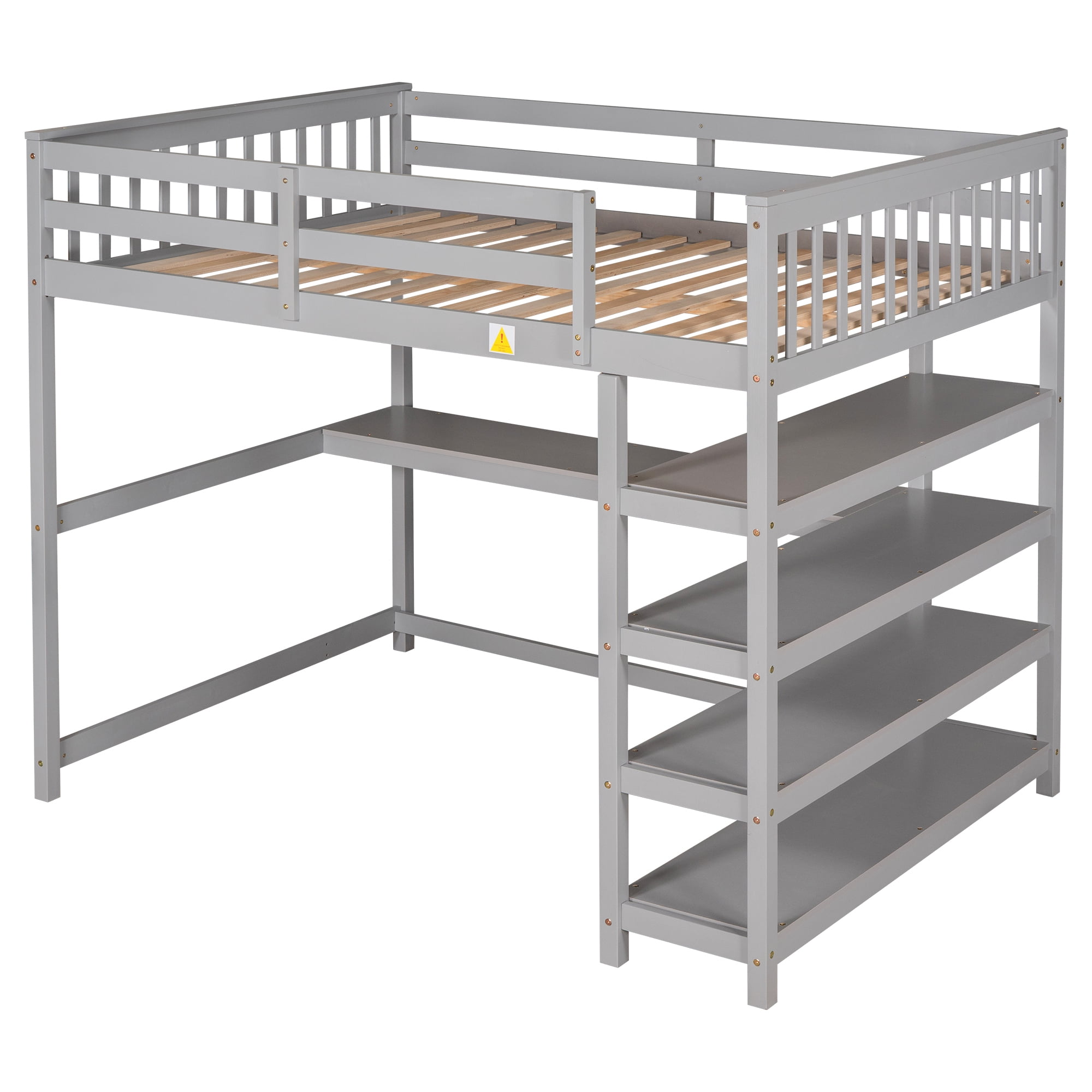 Euroco Solid Wood Full Loft Bed with Desk and 4-Tier Storage Shelves for Kids Bedrrom, Gray