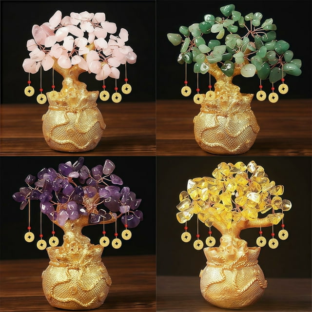 Crystal Money Tree Feng Shui Bonsai - Árbol de riqueza de citrino para éxito y abundancia, decoración para el hogar y la oficina con base de resina, 6,3" de alto