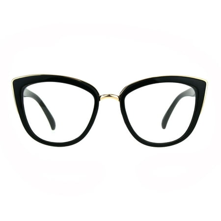 Womens Goth Cat Eye Clear Lens Luxury Diva Glasses Black