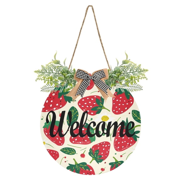 Strawberries Leaves Flowers Welcome Sign for Front Door Wreath Door Sign for Farmhouse Porch Decoration Indoor Outdoor