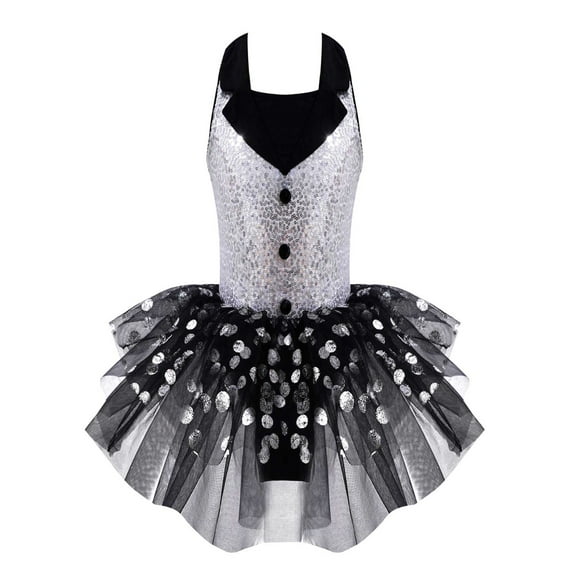 Alvivi Girls Ballet Dance Dress Sequins Polka Dots Print Ballerina Mesh Tutu 6-14 Black 6
