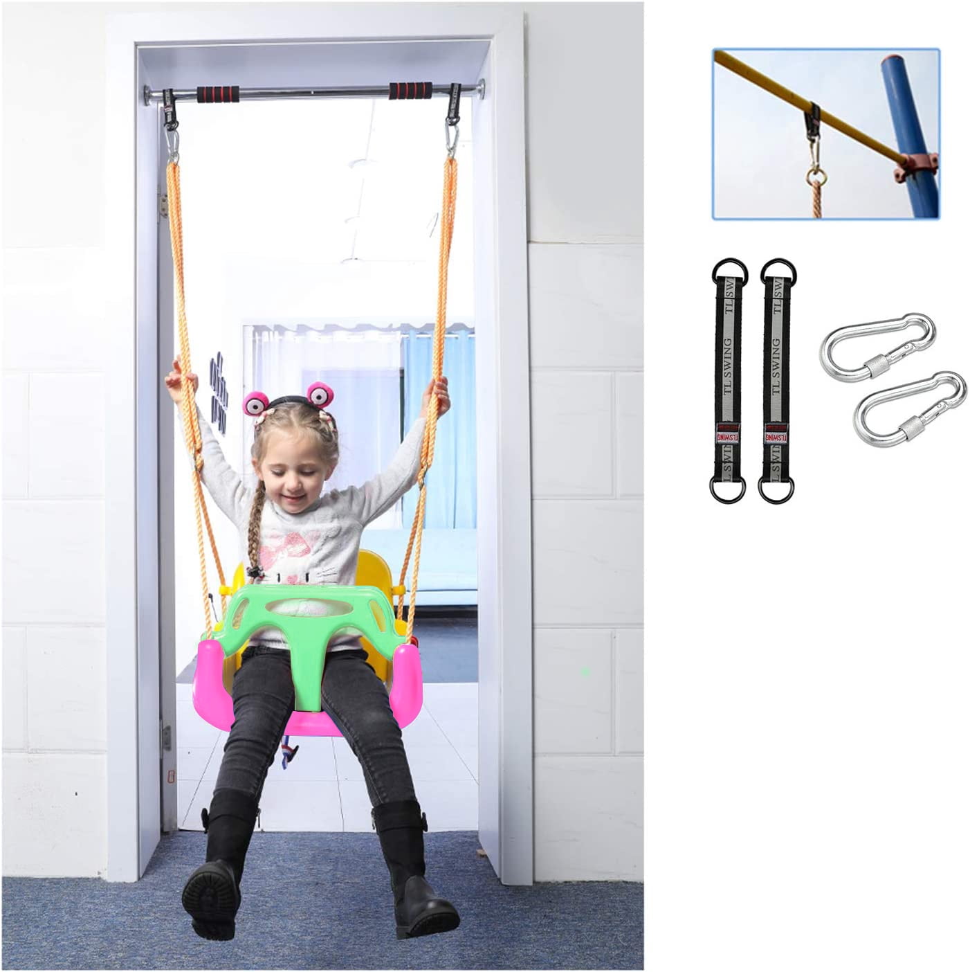 JBeeCtrl 3-in-1 Baby Swing Sets with Hanging Strap and Hooks for Outside Toddler Swing Anti-Flip Snug & Secure Detachable Infants to Kids Swing Seat for Indoor/Outdoor Playset（Pink）