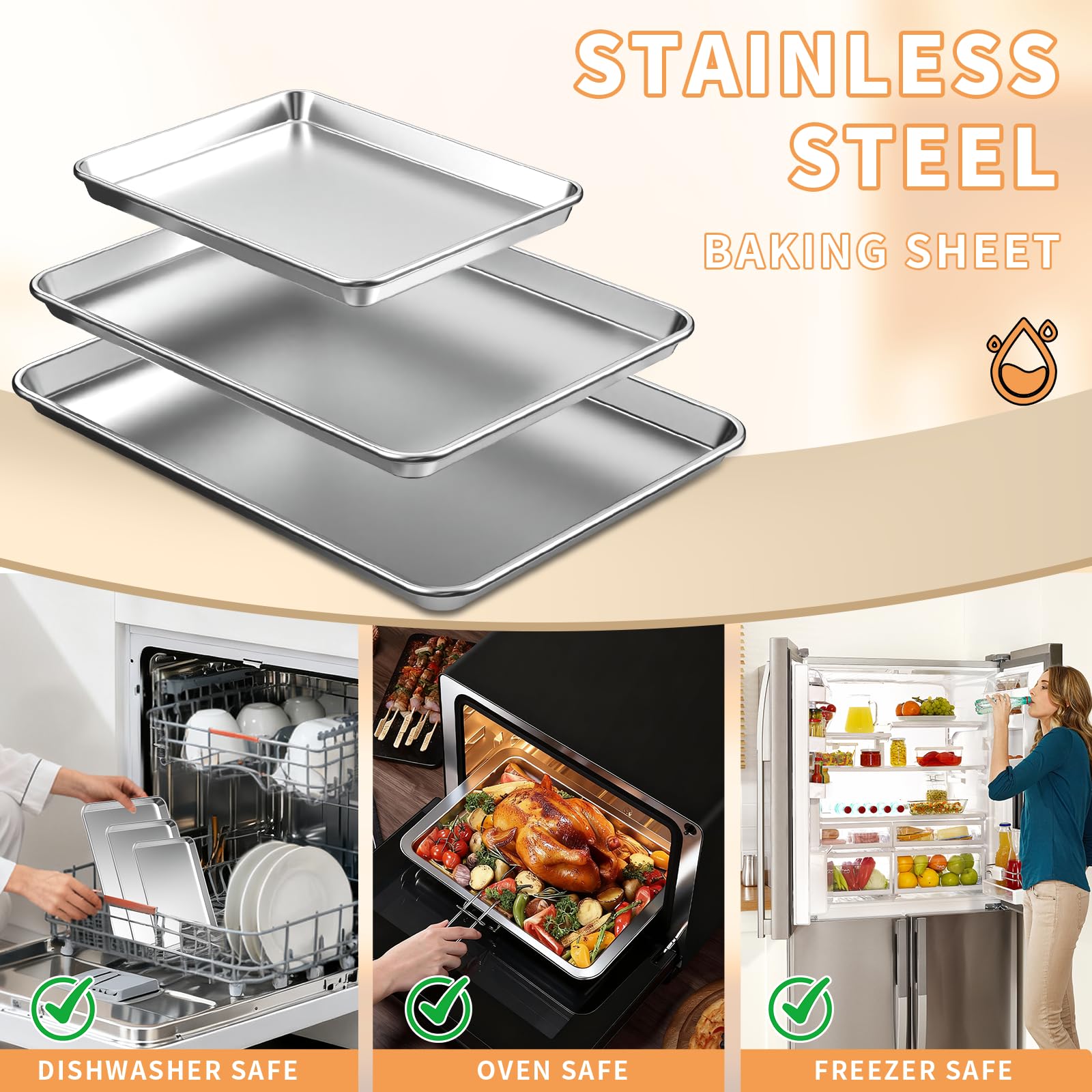 3 Piece Natura Sheet set，Nonstick Stainless Steel Cookie Pan，10.5/12.4/16 Inch Thicker and Firmer Baking Pans set