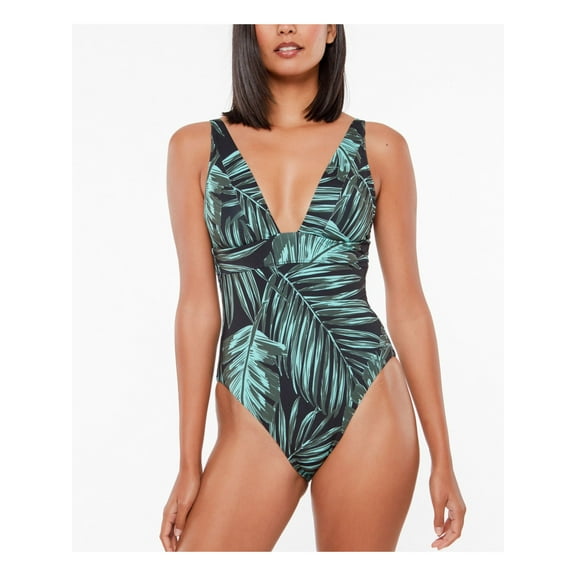 SANCTUARY Women's Black Tropical Print Stretch Removable Cups Lined Deep V Neck Adjustable Palmetto Paradise One Piece Swimsuit L
