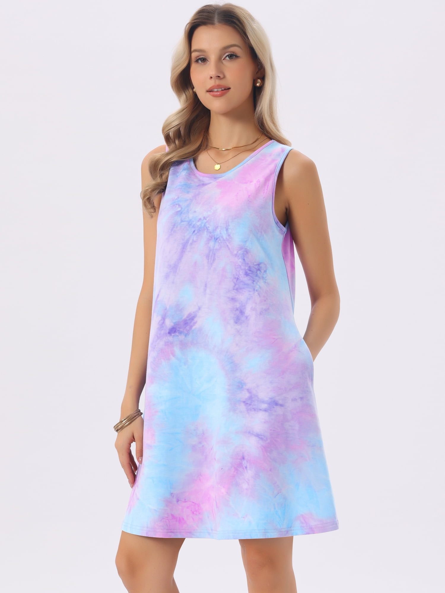 DARING DIVA Tie Dye Tank Dress Sleeveless Pockets Dress Large Tie Dye Purple