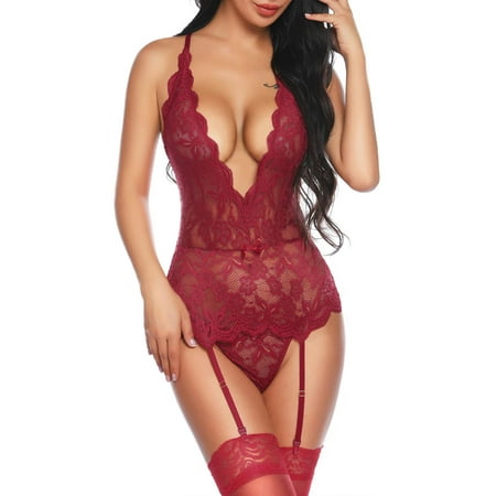 

DYMADE Womens Sexy Lace Lingerie G-String Thong Babydoll Underwear Set