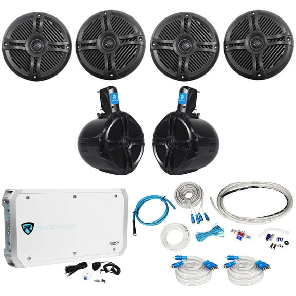 4) Rockville RMSTS65B 6.5" 1600w Marine Boat Speakers 8" Wakeboards Amp Wire Kit
