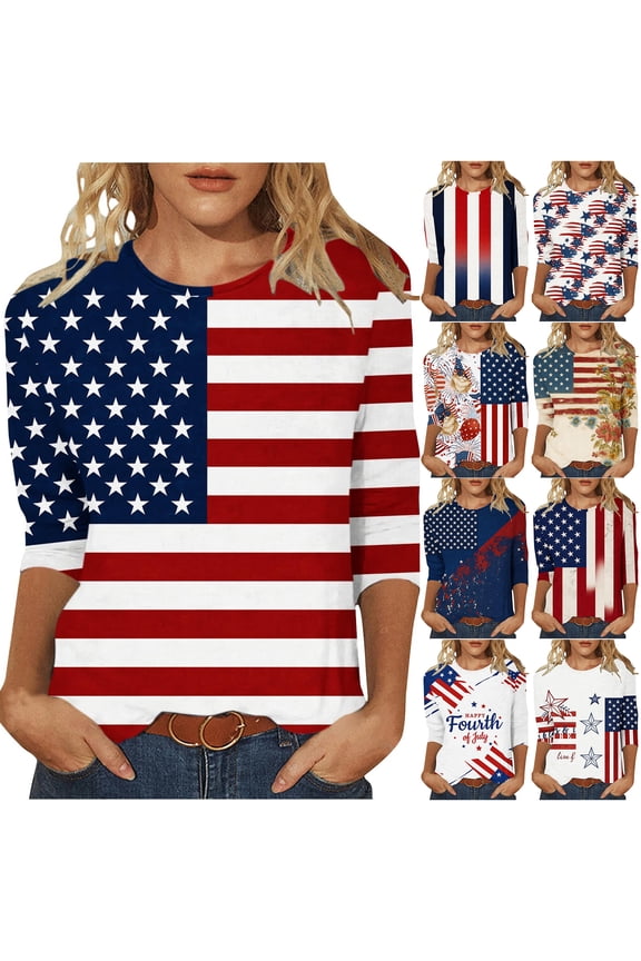Plus Size 3/4 Length Sleeve Womens Tops Funny American Flag 4th of July Shirts Stars Stripes Patriotic Tshirts Trendy Holiday USA Flag Tunic Blouses Multicolor#01 S