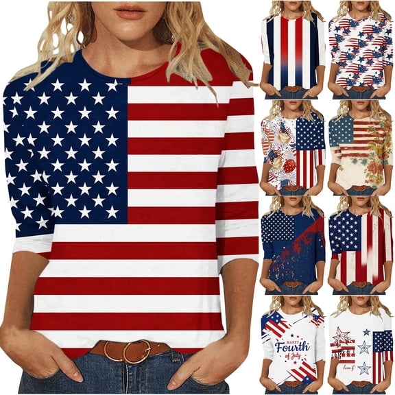 JTZGDY Plus Size 3/4 Length Sleeve Womens Tops Funny American Flag 4th of July Shirts Stars Stripes Patriotic Tshirts Trendy Holiday USA Flag Tunic Blouses Multicolor#04 XXXL