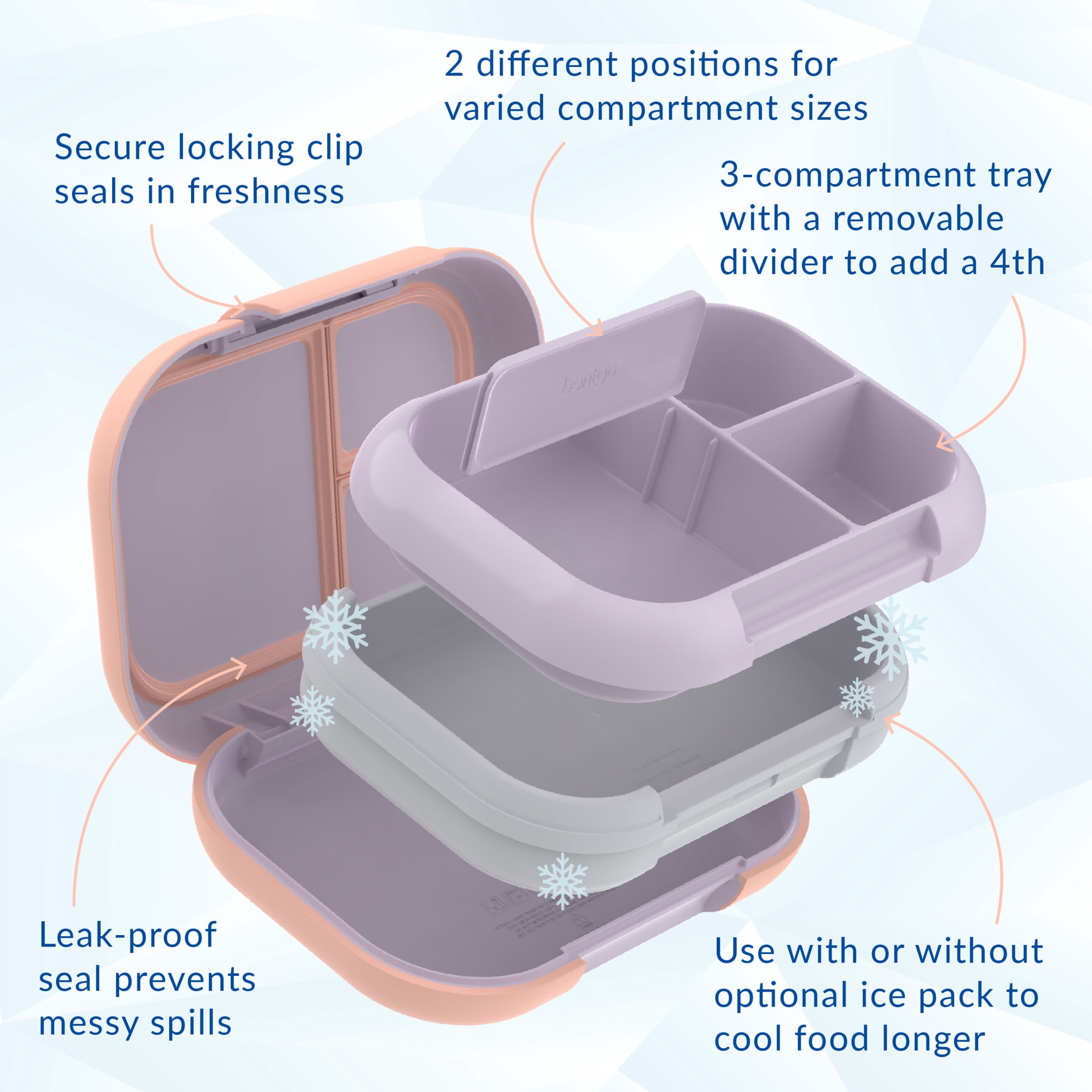 Bentgo Chill Max Leak-Proof XL Lunch Box - Included Ice Pack Keeps Food Cold; 5-Cup Capacity for Adults & Ages 8+, 3 or 4 Compartment Bento Box, BPA-Free, Dishwasher Safe (Lavender & Peach Blossom)