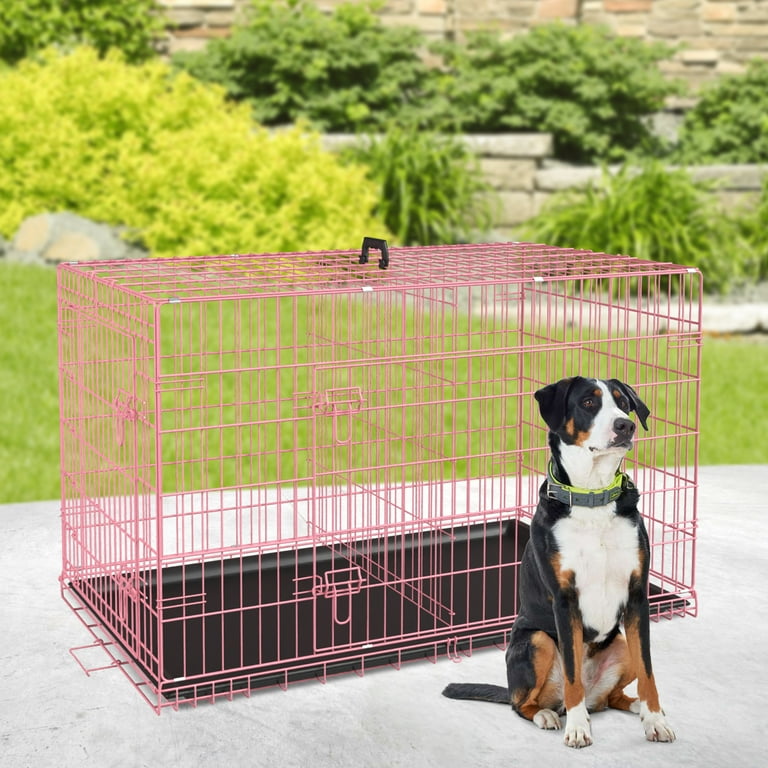 YRLLENSDAN 36 inch Foldable Large Dog Crate for Large Dogs Metal Wire Dog Cage with Plastic Tray and Handle Double Door Outdoor Dog Crates and