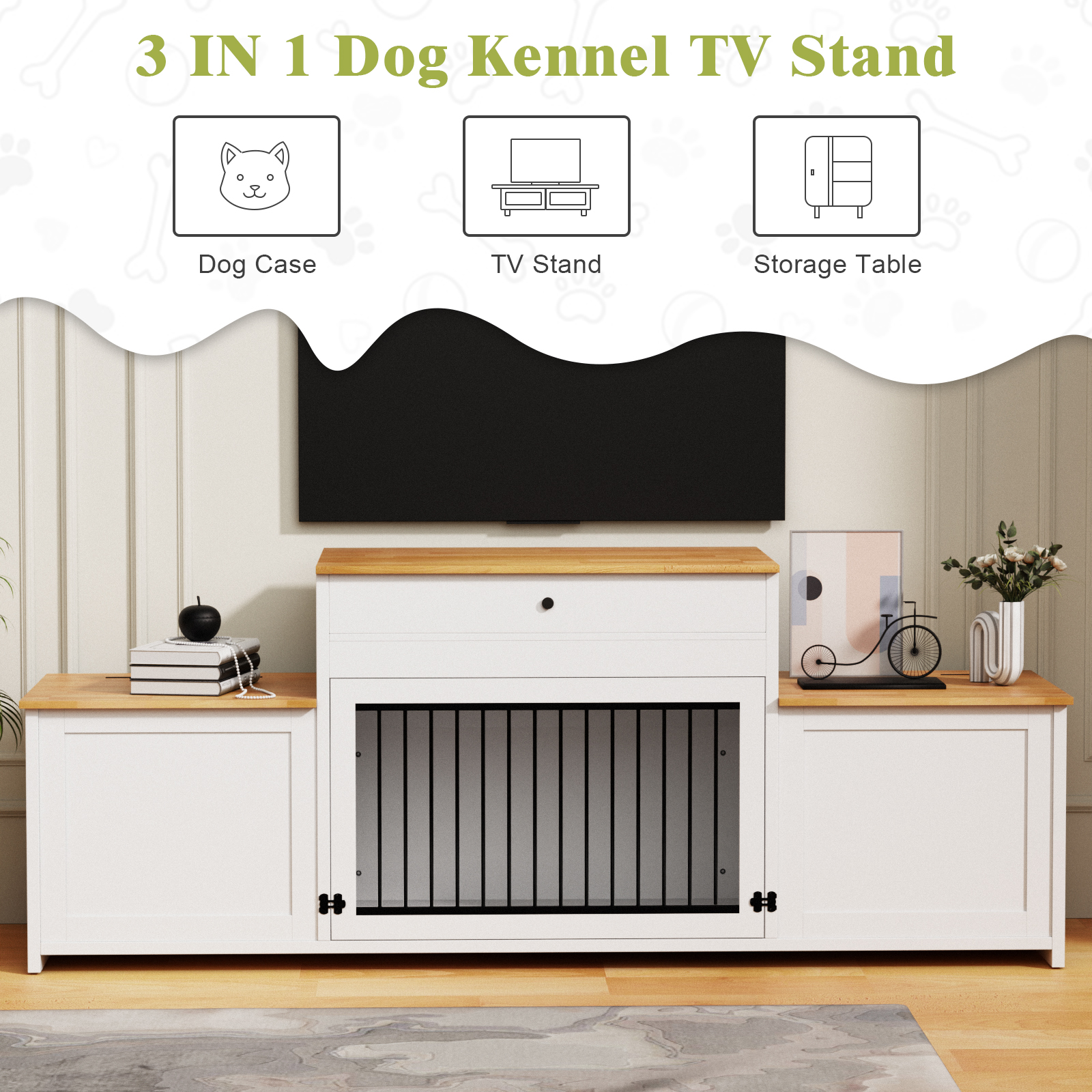 TIME RAY 79 inch Dog Crate Furniture with Storage Drawer,Dog Cage Furniture for Large Dog,Dog Kennel  with Upward Flapping Crate Door