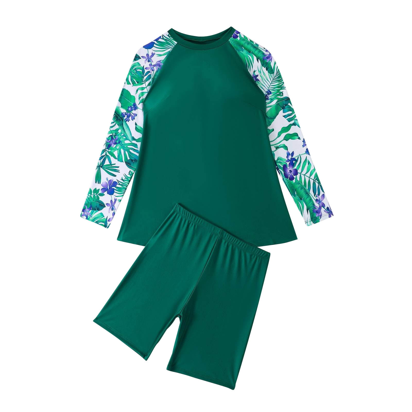 Oplxuo Women's Plus Size Two Piece Long Sleeve Swim Tops Bathing Suits with Shorts Printed Swim Shirts Surf Swimwear