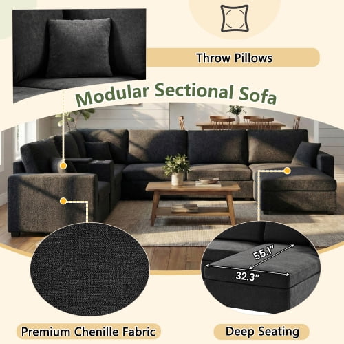 134" U-Shape Modular Sectional Sofa, 5-Seat Couch with Chaise Lounge, Deep Seat, Built-In Cup Holders, Storage Drawer and Pillows, Black