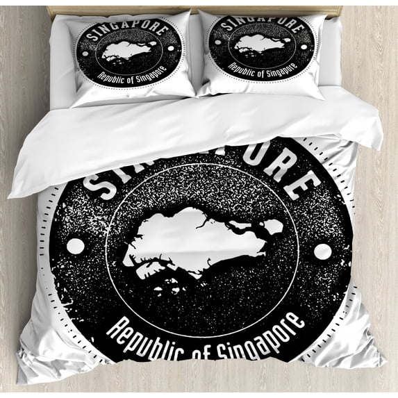 Singapore Duvet Cover Set Queen Size, Grunge Style Republic of Singapore Wording in a Round Formation, Decorative 3 Piece Bedding Set with 2 Pillow Shams, Charcoal Grey and White, by Ambesonne