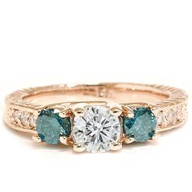Pompeii 1ct Vintage Blue & White Diamond 3-Stone Engagement Ring 14K Rose Gold (J-K,I1)