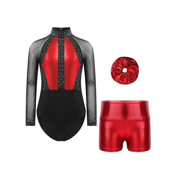 Linjinx Girls Dance Gymnastics Leotard Long Sleeve Rhinestones Decor Jumpsuit with Metallic Shorts and Headwear Red 8