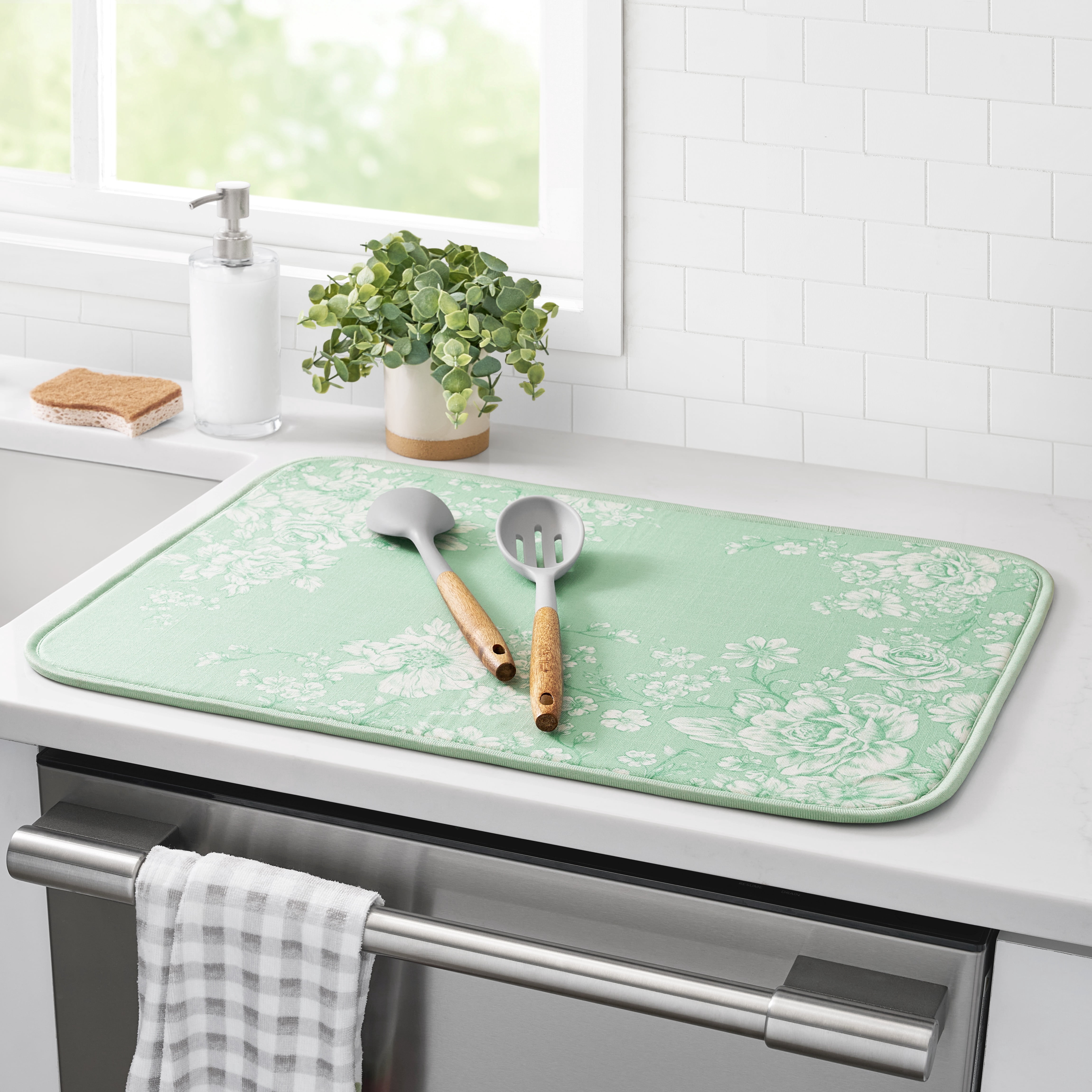 The Pioneer Woman Agatha 100% Polyester Dish Drying Mat, Green, 18" x 24"