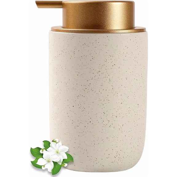 Xuet Matte Beige Ceramic Hand Soap Dispenser with Gold Pump, Refillable Farmhouse Liquid Dish Soap Lotion Dispenser for Bathroom Kitchen