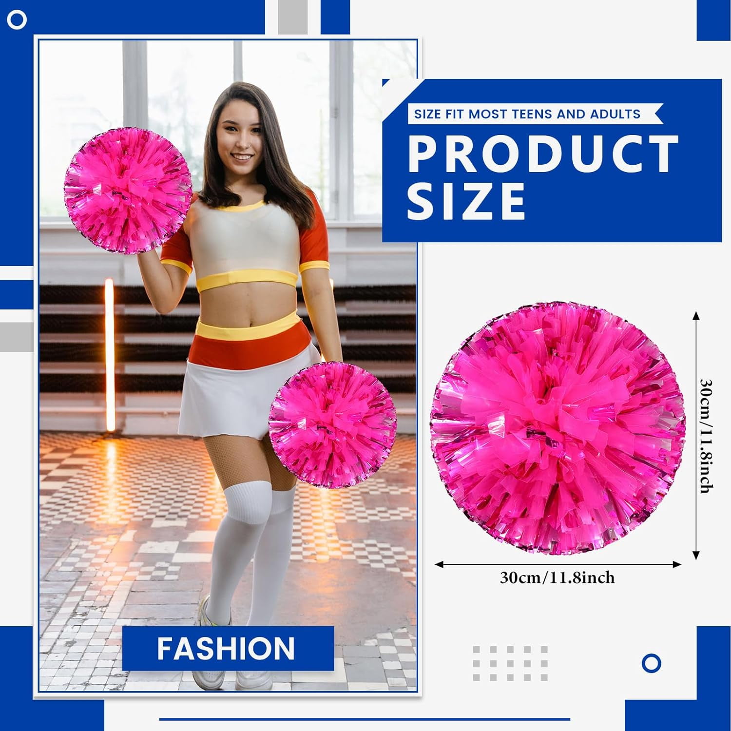 Cheerleader Pom Poms 12 Pack Sports Dance Cheering Plastic Metallic Cheerleading Pom Poms for Kids Adults-Ring Style