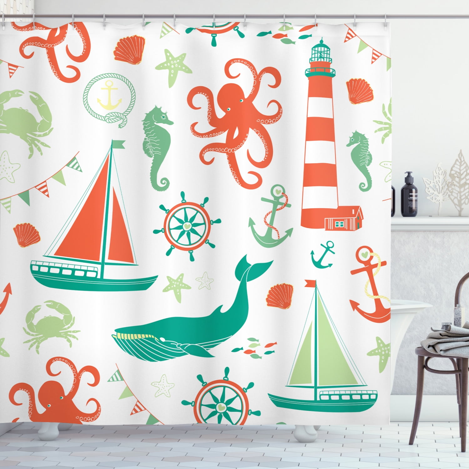 Nautical Shower Curtain, Pastel Colored Composition of Lighthouse ...