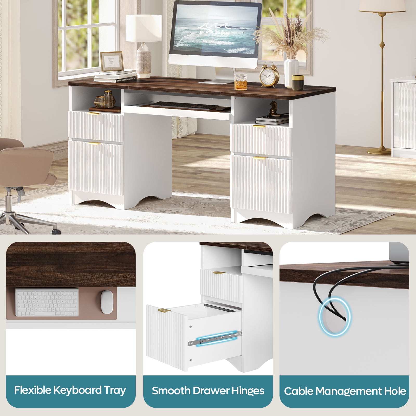 Bestier 59" Home Office Computer Desk with Keyboard Tray and Storage Drawers, Modern Executive Desk for Writing Reading, Walnut and White