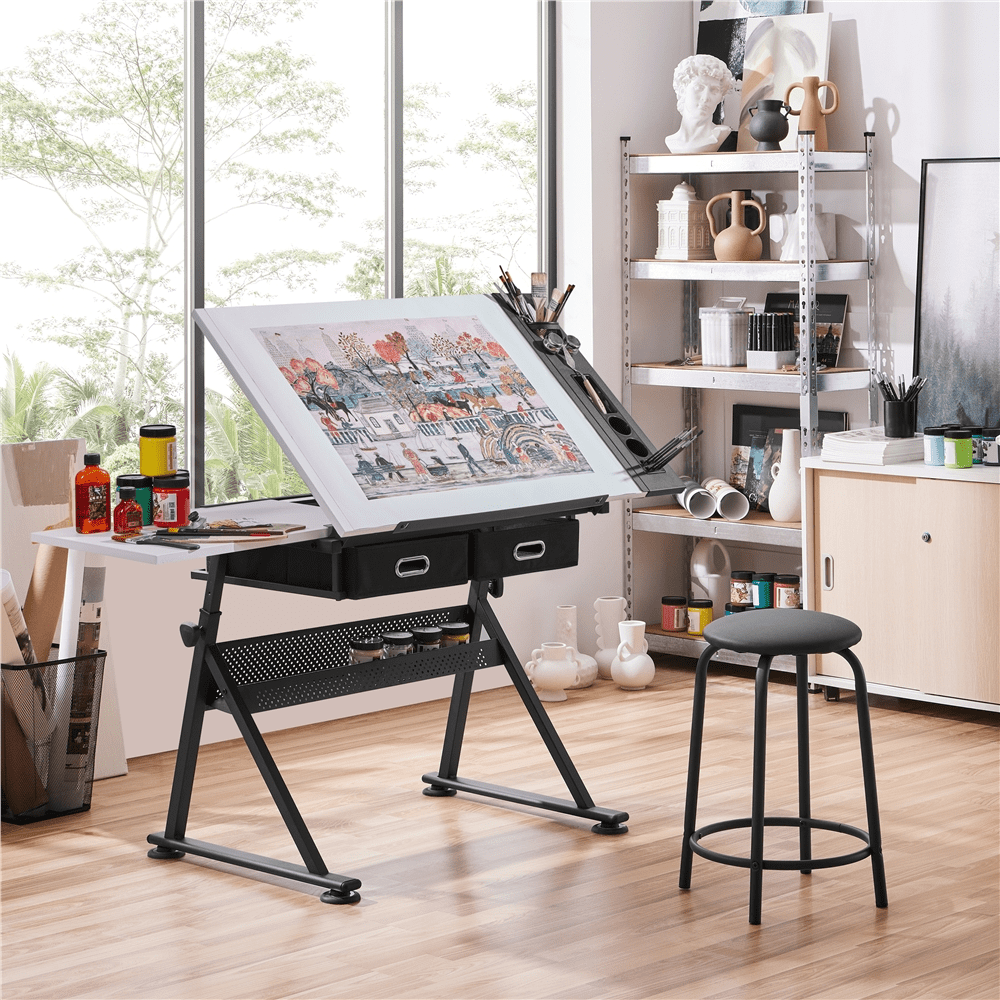 Renwick Drafting Table and Stool Set with Adjustable Table Angles & Heights, White