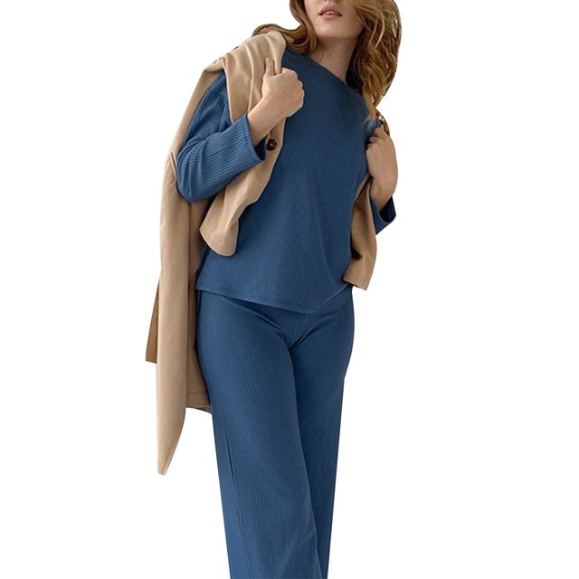 Gibobby Set Pants y Sudadera Mujer Conjunto de pijama de manga larga de color sólido para mujer Ropa de salón cómoda para prendas de vestir exteriores de moda(Azul,G)