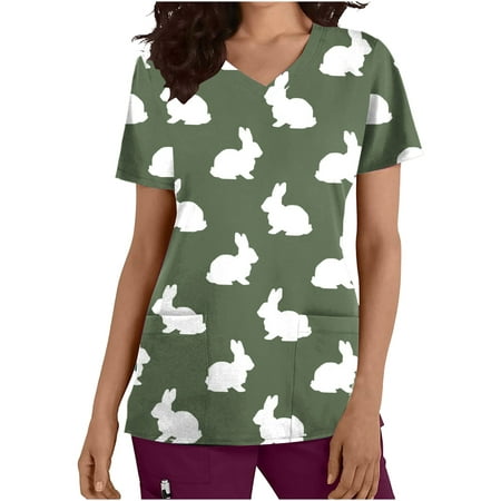 

Women s Happy Easter Day Scrub_Tops V Neck Nurse Uniforms with Pockets T Shirt Short Sleeve Western Shirts Cute Bunny Rabbit Graphic Pattern Tees Vintage Lady Summer Tunic Woman Army Green XL