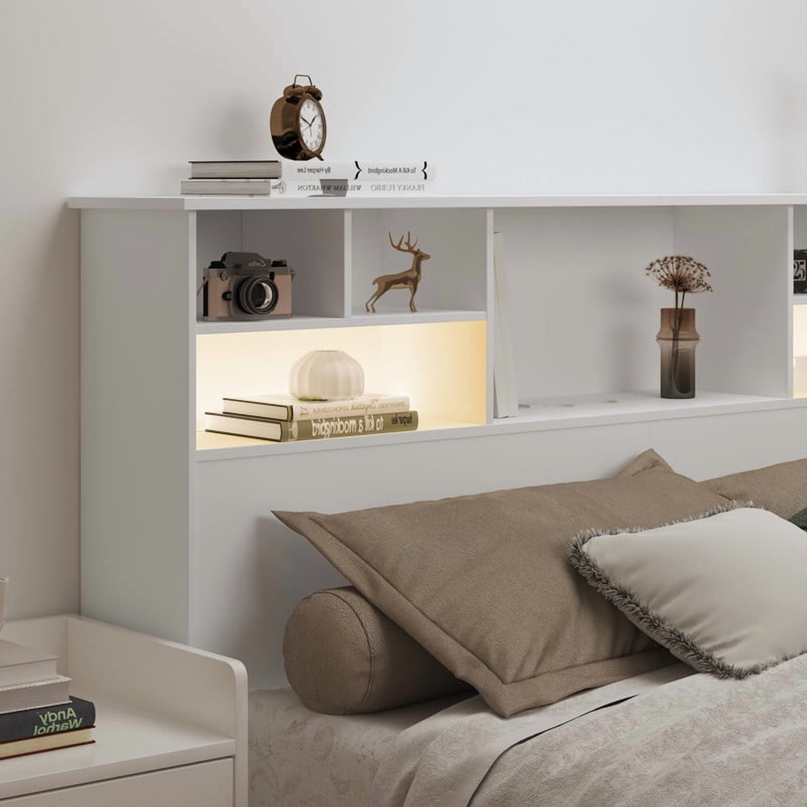 Someet Headboard for King Size with Storage, Bookcase Headboards with USB & Type-C Port & Power Outlets & 2 LED Lights, Durable and Sturdy, White
