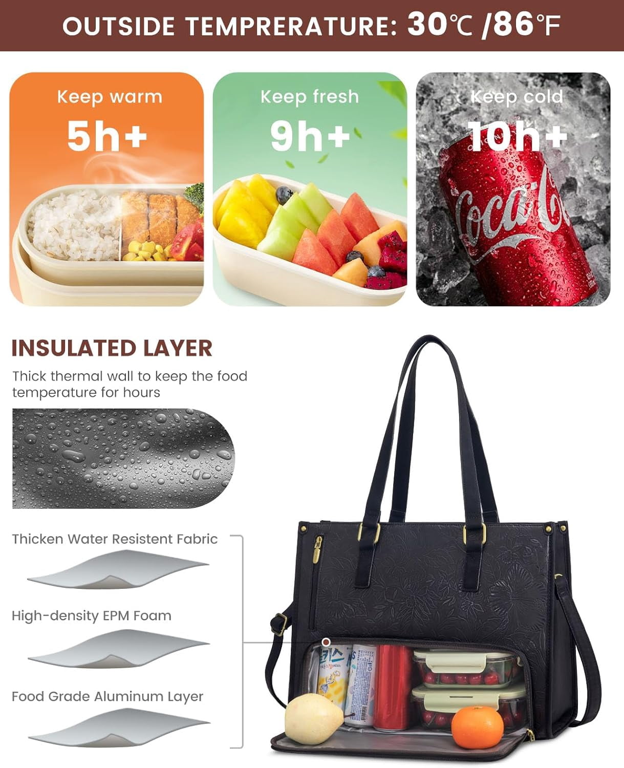 Lovevook Work Tote Bag for Women, Classic Quilted Pu Leather Handbag Purses with 15.6 in Laptop comparment and Insulated Lunch Compartment better for work lunch nurse college picnic drinks casul