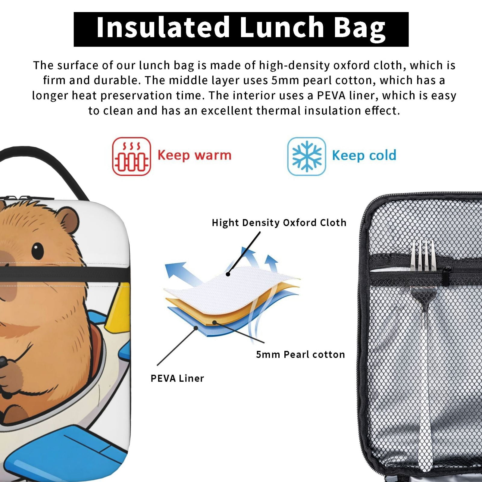 Lunch Bag For Women Men Insulated Portable Lunch Box Bento Box Office Picnic Travel Cooler Bag Capybara Flies A Helicopter