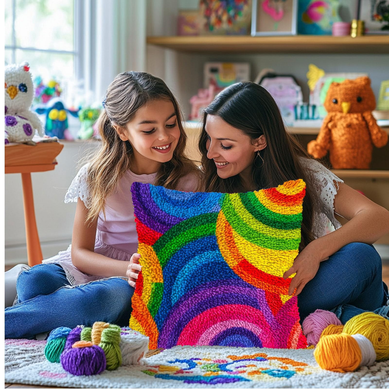 DIY Latch Hook Pillow Kits for Adults Rainbow Circles Printed Pillowcase Crochet Yarns Hooking Handmade Pillow Cover Cushion for Home Sofa Decoration 17x17inch-1
