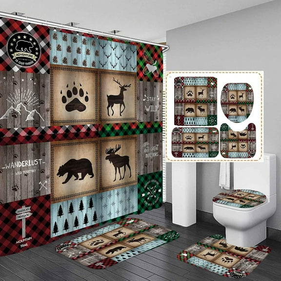 4PCS Camo Shower Curtain Sets With Rugs, Waterproof Fabric Black Orange Shower Curtain, Forest Woodland Wildlife Wild Animal Mallard Duck Hunting Country Rustic Green Camouflage Bathroom Decor