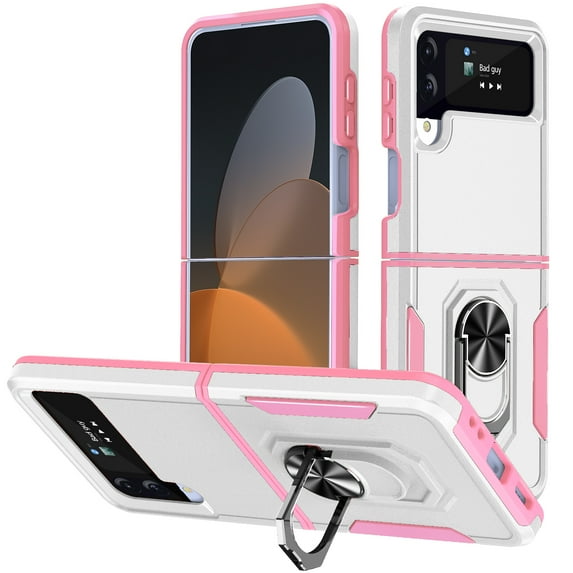 Nalacover Military Grade Heavy Duty Case for Samsung Galaxy Z Flip 4, Rugged Rotated Ring Holder Kickstand Bracket Cover with Magnetic Car Mount Soft TPU Shockproof Lens Protective Case,White/Pink