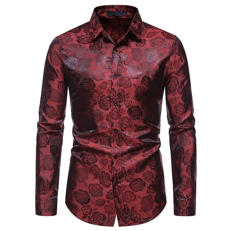 mens rose print dress shirt CBGELRT Mens Shirts Rose Flower Print Long Sleeve Stretch Dress Shirts Lapel Casual Button down Shirt Black M