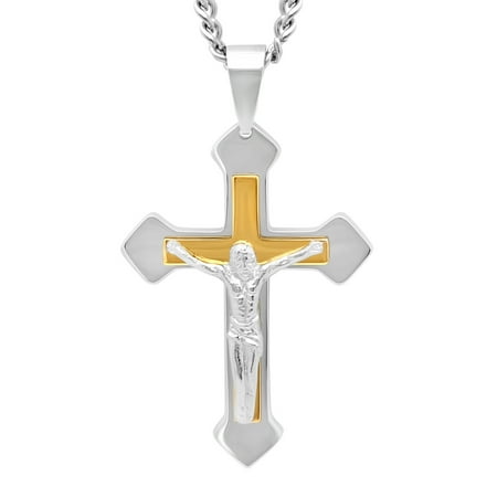 Men's Two-Tone Stainless Steel Crucifix with 24" Curb Chain - Mens Pendant