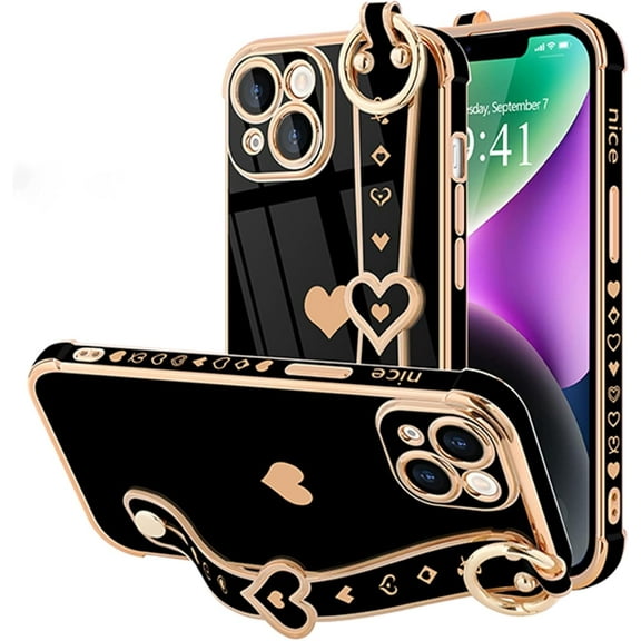 IPhone 14 Plus Case, Cute Love-Heart Plating, Bling Silicone, Camera Protection, Shockproof Bumper for Women & Girls (6.7")