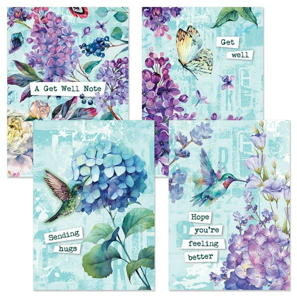 Current Cartes de Souhaits « Garden Fresh Get Well » - Ensemble de 8 (4 Modèles), Grandes 5 Pouces" x 7 Pouces", Cartes « Get Well » avec Sentiments à l'Intérieur, Enveloppes