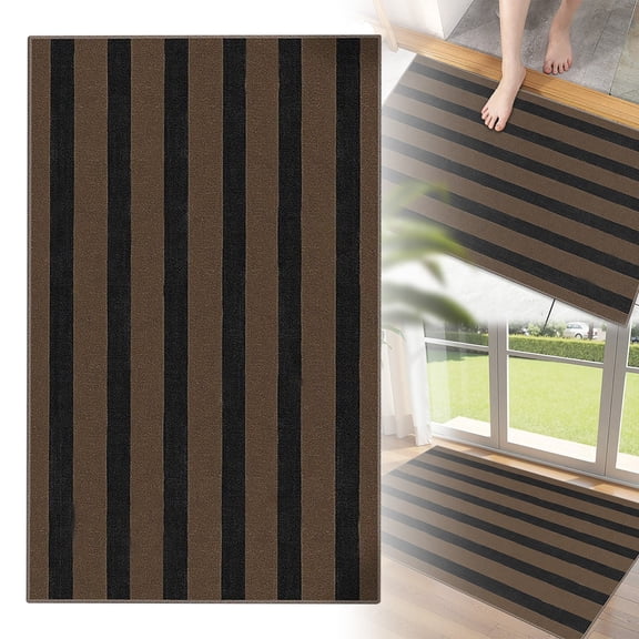 Patio Rug, Balcony Rug, Black Tan Striped Rug for Front Porch, Non-Slip Washable Doormat, 1Pcs Farmhouse Neutral Non Shedding Indoor Carpet, Holiday Decorative Carpet 23.6x15.7 In