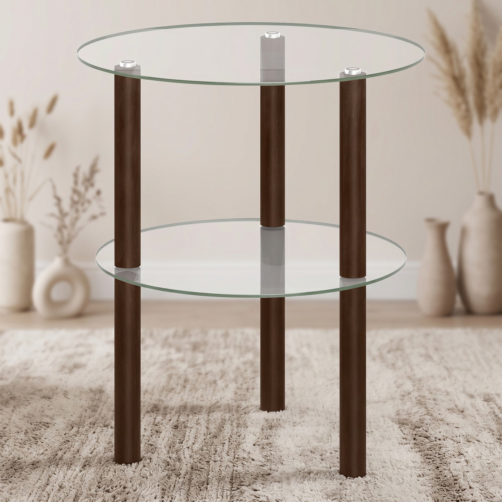 Furnibear 2-Tier Round End Table with Clear Tempered Glass Top and Storage Shelf, Rubber Wood Legs Side Sofa Nightstand for Living Room Bedroom, Brown