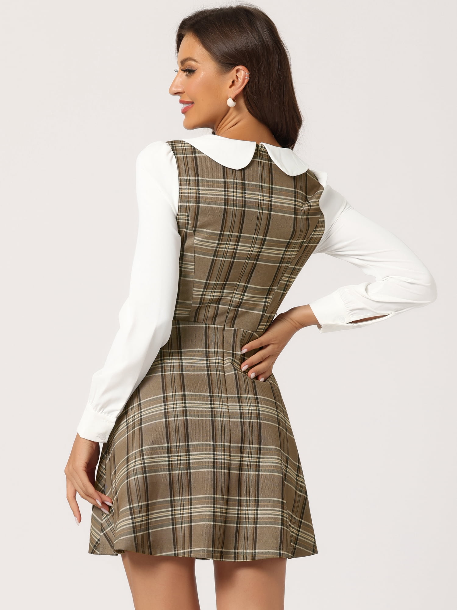 DARING DIVA Women's Plaid Peter Pan Collar Mini A-Line Dress XS Brown