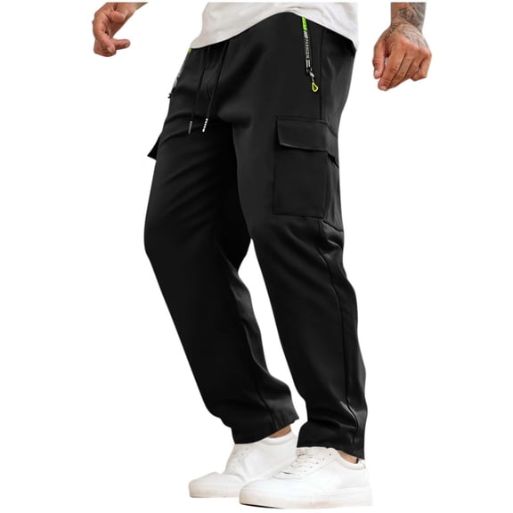 USNSM Men's Cargo Pants Elastic Waist Drawstring Straight Leg Pants Outdoor Lightweight Hiking Trousers with Zipper Pockets Black XXL