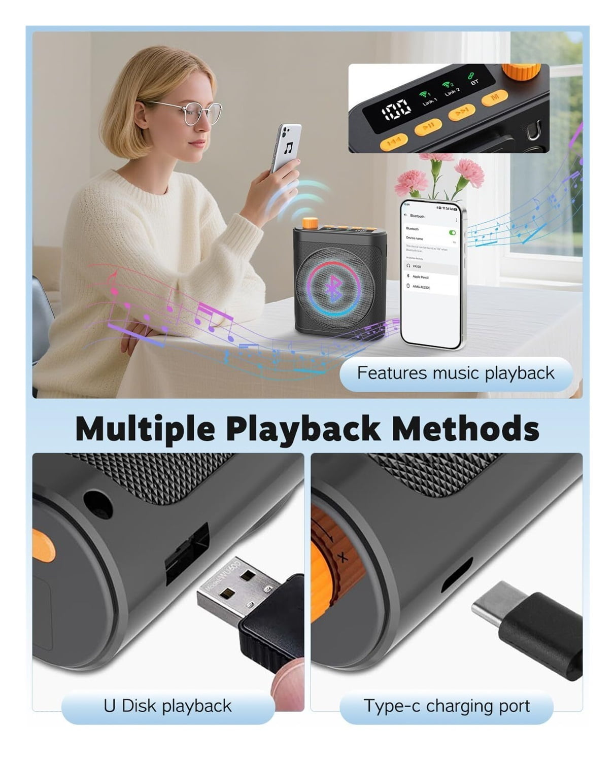 Voice Amplifier for Teachers with Wireless Magnetic Lavalier Microphone, Bluetooth Portable Rechargeable Speaker, 2 Mics for Classroom, Meetings, Speeches, Outdoor