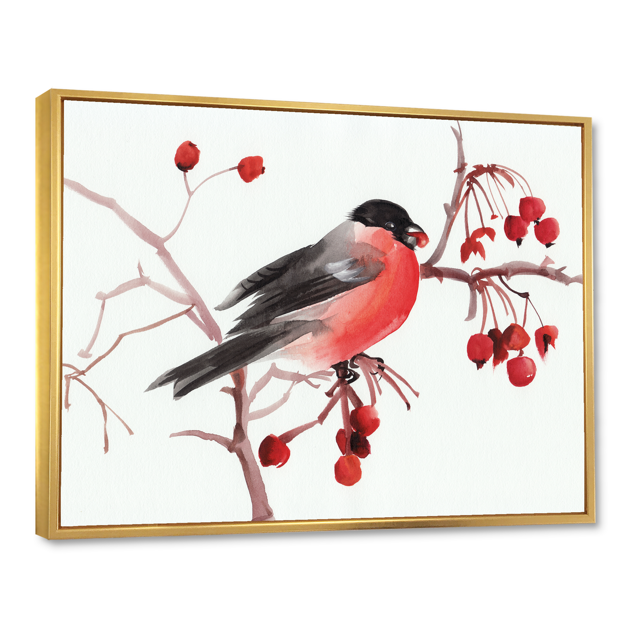 Designart 'Bullfinch Bird Sitting On A Branch' Traditional Framed Canvas Wall Art Print