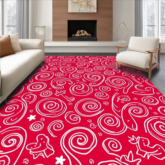 ODIKA 4'x6' Machine Washable Non-Slip Area Rug, Jolly Cane Swirl Seasonal Whimsical Baking Theme High Traffic Rug, Red, 734835