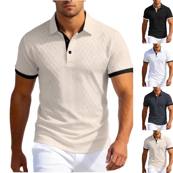 IhhxPro Men's Short Sleeve Collared Shirt with Button Detail Contrast Trim Casual Fit Cotton for Summer Work Golf S-3XL