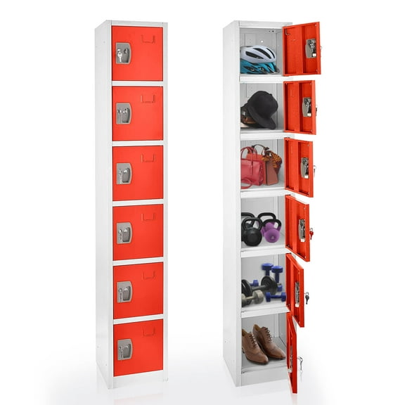 AdirOffice Large School Locker with 6 Doors 6 Hooks Storage Locker for Garage Storage - Office Storage Lockers (6 Door, Red)