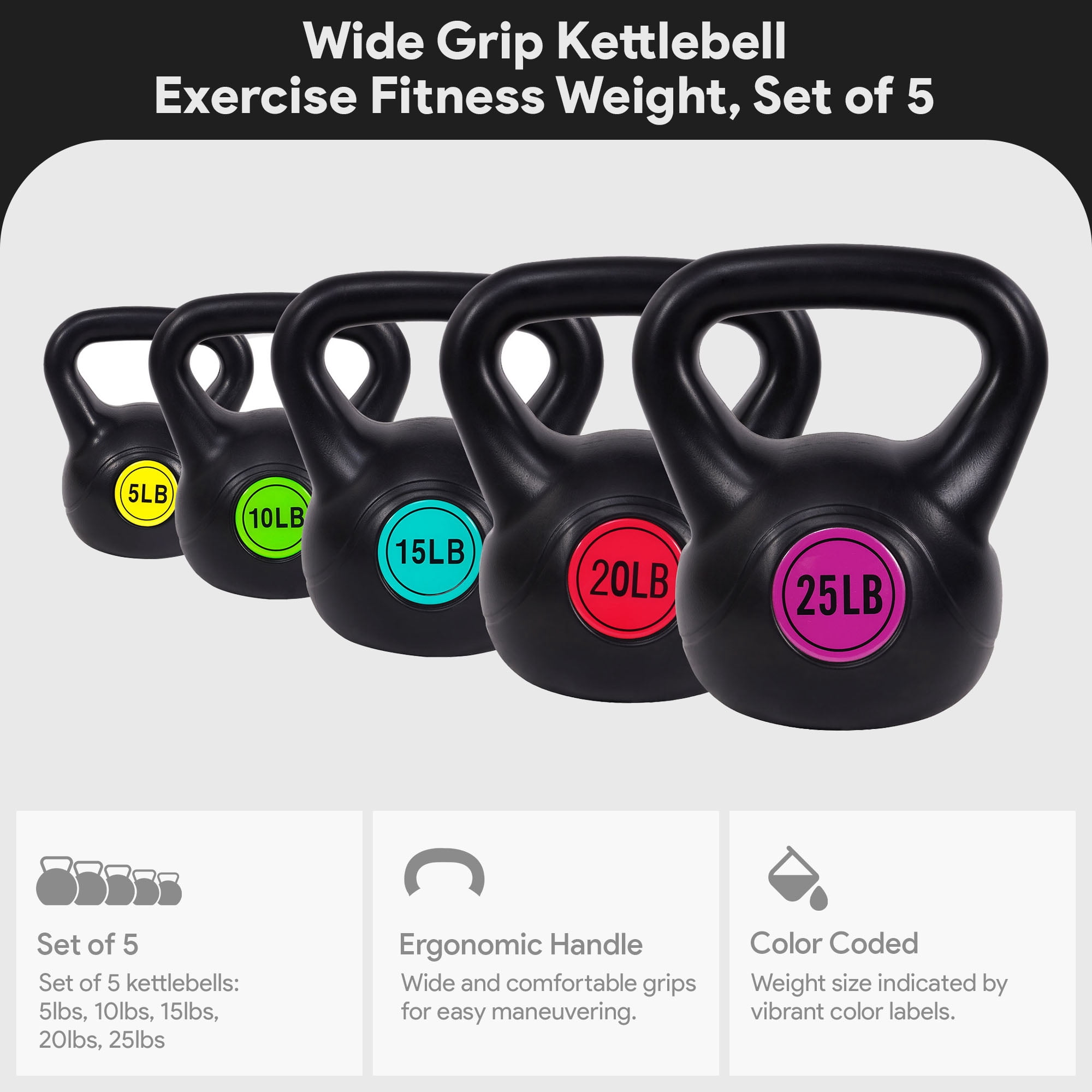 Sporzon! Wide Grip Kettle Bell Weight Set, 5, 10, 15, 20, 25 Pound